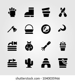Garden icons set. Vector illustration rake, ladybug, boots and sickle