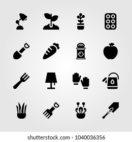 Garden icons set. Vector illustration plant, desk lamp, apple and fork