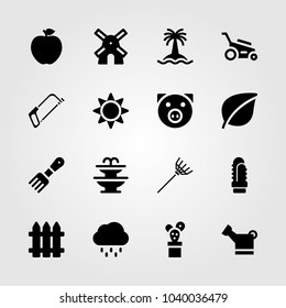 Garden icons set. Vector illustration tree, sun, cactus and lawn mower