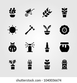 Garden icons set. Vector illustration can, wheat, honey and hammer