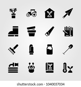 Garden icons set. Vector illustration tractor, trowel, milk bottle and shovel