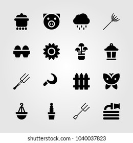 Garden icons set. Vector illustration fence, sunflower, cactus and plant