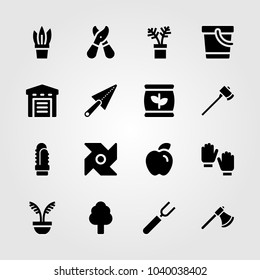Garden icons set. Vector illustration fork, pinwheel, warehouse and tree