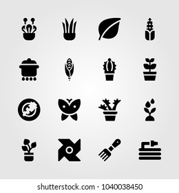 Garden icons set. Vector illustration hose, pot, leaf and rake