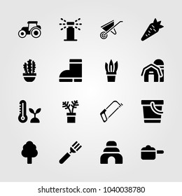 Garden icons set. Vector illustration plant, cutlery, pail and pot