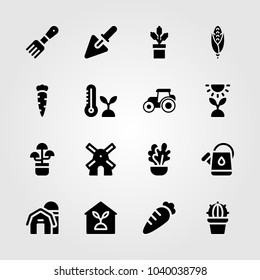 Garden icons set. Vector illustration rake, plant, barn and watering can