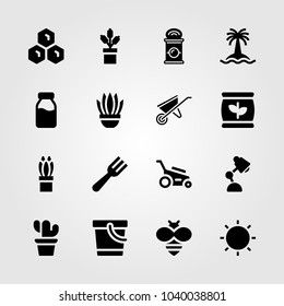 Garden icons set. Vector illustration cactus, lawn mower, honeycomb and can