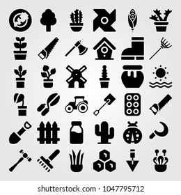 Garden icons set. Vector illustration windmill, tree, honeycomb and spade