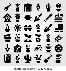 Garden icons set. Vector illustration germination, eggs, sun and sprayer