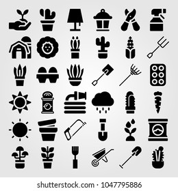 Garden icons set. Vector illustration fork, lamp, hose and cactus