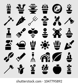 Garden icons set. Vector illustration handsaw, rake, sprayer and trowel