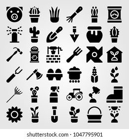 Garden icons set. Vector illustration boots, fork, cactus and indoor plants