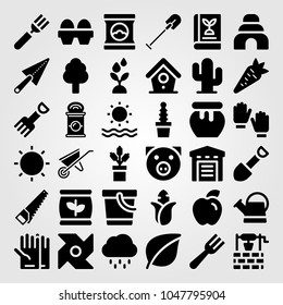 Garden icons set. Vector illustration eggs, bird house, fertilizer and well
