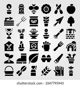 Garden icons set. Vector illustration pruning shears, wheat, well and barn