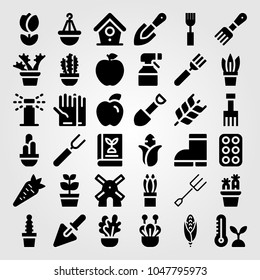 Garden icons set. Vector illustration cactus, book, thermometer and windmill