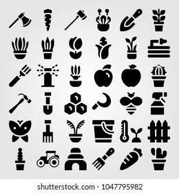 Garden icons set. Vector illustration bee, honeycomb, garden fork and fence