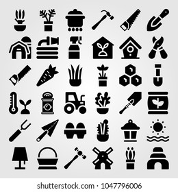 Garden icons set. Vector illustration handsaw, pruning shears, windmill and cactus
