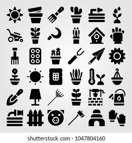 Garden icons set. Vector illustration gym gloves, pig, fork and lawn mower