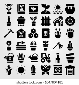 Garden icons set. Vector illustration sprout, sun, warehouse and tractor