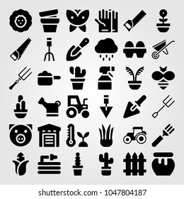 Garden icons set. Vector illustration gloves, fence, thermometer and sprayer