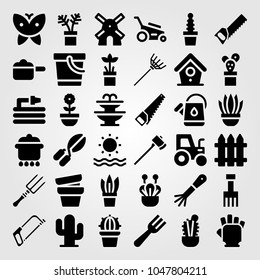 Garden icons set. Vector illustration pruning shears, sun, gloves and plant