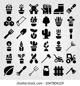 Garden icons set. Vector illustration honeycomb, windmill, pruning shears and milk bottle