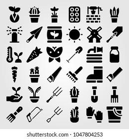 Garden icons set. Vector illustration hose, shovel, well and cactus