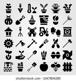 Garden icons set. Vector illustration pinwheel, ladybug, spade and well