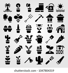 Garden icons set. Vector illustration spade, lamp, tree and sprout
