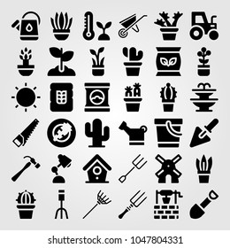 Garden icons set. Vector illustration pail, sprout, well and carnivorous