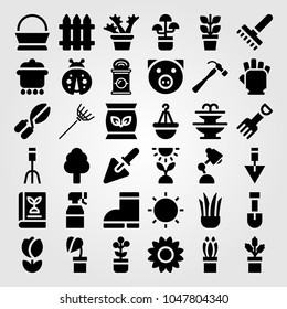 Garden icons set. Vector illustration rake, boots, fork and trowel