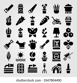 Garden icons set. Vector illustration gloves, wheelbarrow, sea and book