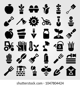 Garden icons set. Vector illustration spade, sun flower, eggs and cutlery