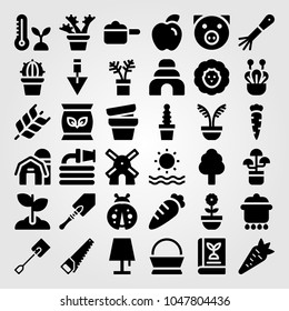 Garden icons set. Vector illustration rake, beehive, thermometer and tree