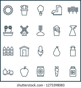 Garden icons set with waterproof boot, apple, cereal and other floral elements. Isolated vector illustration garden icons.