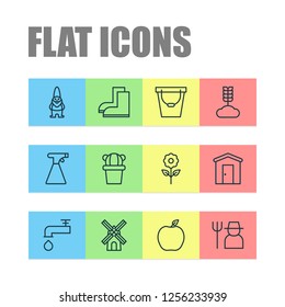 Garden icons set with windmill, barn, sprayer and other spigot elements. Isolated vector illustration garden icons.