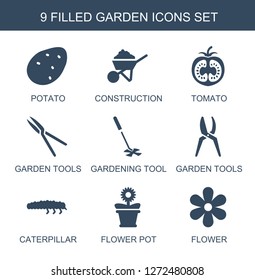 garden icons. Trendy 9 garden icons. Contain icons such as potato, construction, tomato, garden tools, gardening tool, caterpillar, flower pot. garden icon for web and mobile.