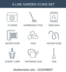 garden icons. Trendy 9 garden icons. Contain icons such as flower, gardening tool, seed bag, water hose, mud, street lamp, watering can, hoe. garden icon for web and mobile.