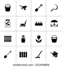 Garden icons. vector collection filled garden icons. includes symbols such as sickle, wheelbarrow, sprouting, fence, shovel, rake, bucket. use for web, mobile and ui design.