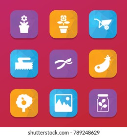 Garden icons. vector collection filled garden icons set.. includes symbols such as eggplant, secateurs, fruit tree, whellbarrow, trowel. use for web, mobile and ui design.