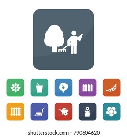 Garden icons. vector collection filled garden icons such as wheelbarrow, fence, flower, bucket, fruit tree, pea, garden cleaner, lawnmower, flower in pot