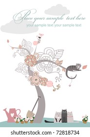 Garden illustration with blooming tree, singing cats and bird. For cute funny  greeting card