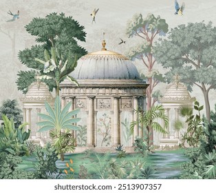 Ilustración de jardín para decoración del hogar, jardín mogol, ilustración de jardín, cúpula, pájaros, árbol. 