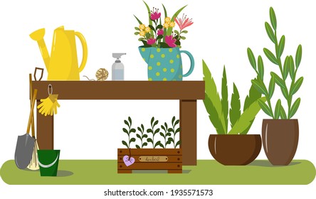 Garden illustration - a table, a watering can, a jug of flowers and a box of herbs, gardening tools. Vegetable garden or garden interior illustration. Vector illustration. For use in decor, flyers
