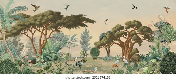 Ilustración de jardín, ilustración de jardín tropical, mural de la selva, diseño mural para imprimir, Boda.