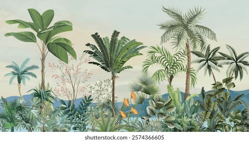 Garden Illustration, Tropical Garden Mural Wallpaper, Tropical Tree, Wallpaper.