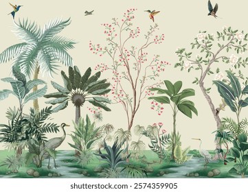 Garden Illustration for wall Print, Wall Murals, Mughal Garden Illustration, Birds, Peacock.