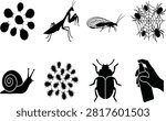 Garden insects and pest control solid black silhouette icon set featuring mantis, snail, spider, and bug spray
