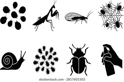 Garden insects and pest control solid black silhouette icon set featuring mantis, snail, spider, and bug spray