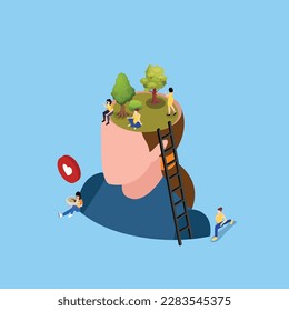 Garden inside a woman head - Mental health isometric 3d vector illustration concept for banner, website, illustration, landing page, flyer, etc.